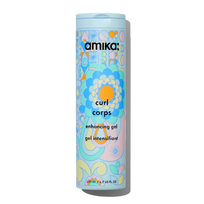 Amika Curl Corps enhancing gel canister with colorful design on a white background