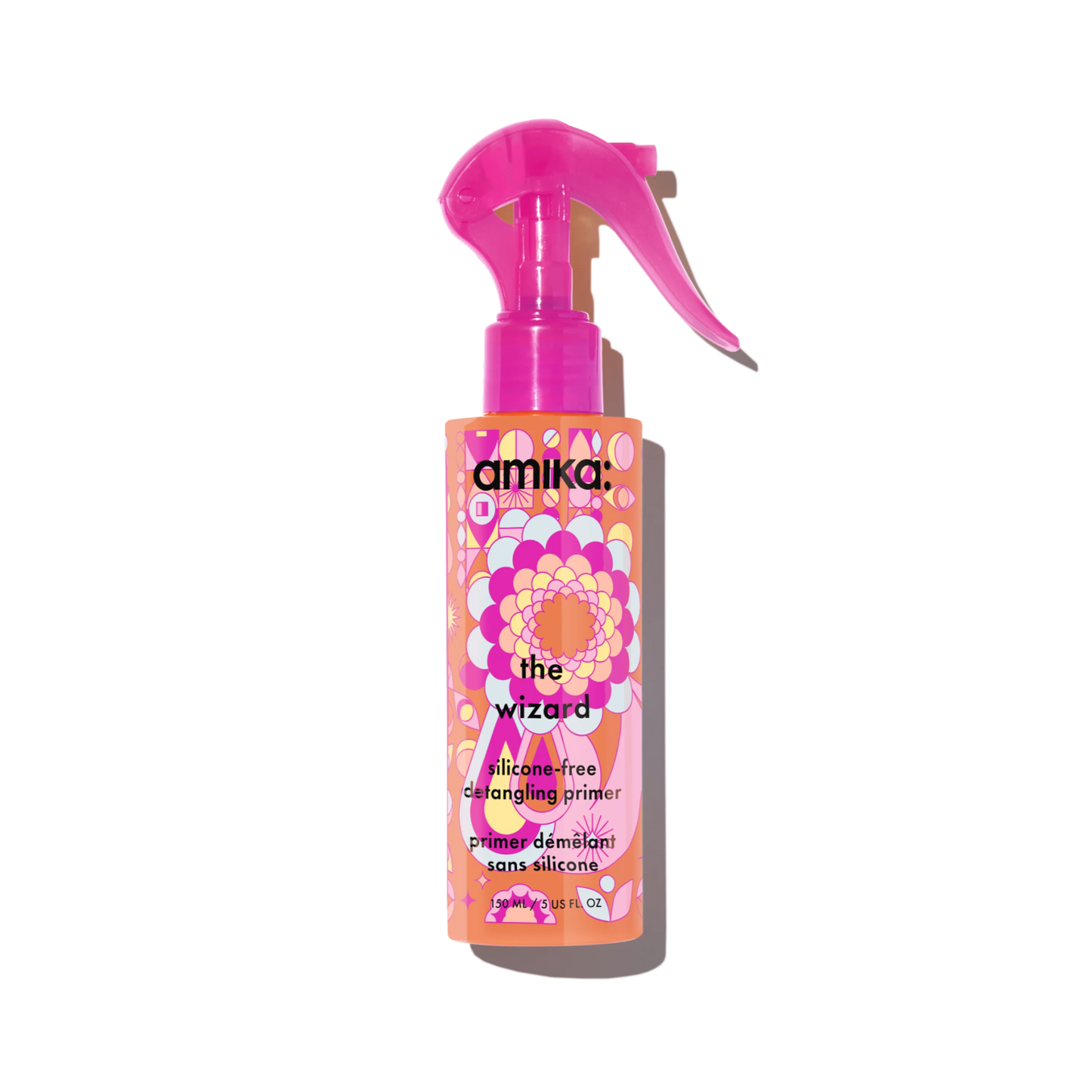 Amika hair product spray bottle with colorful label on a white background