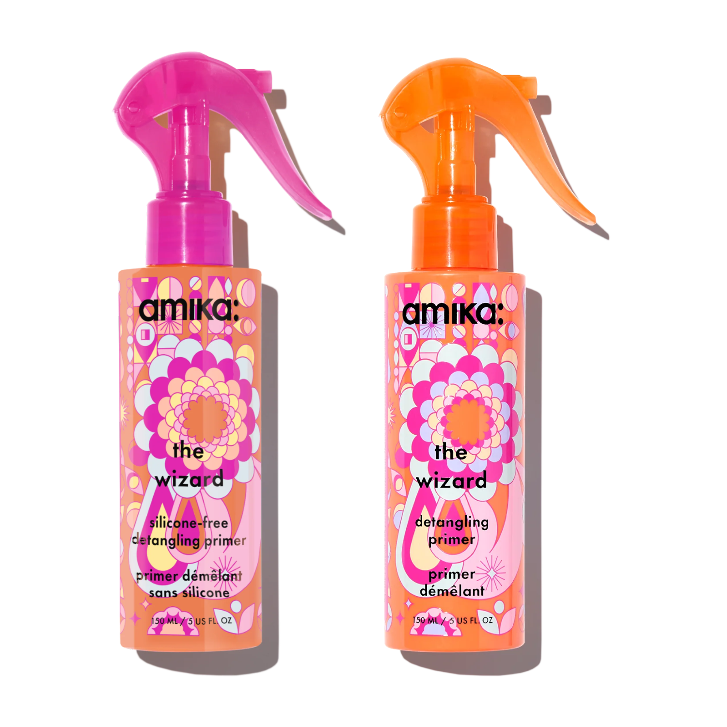 Two bottles of amika 'the wizard' detangling primer on a white background