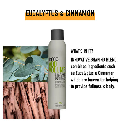 KMS Add Volume product with eucalyptus and cinnamon imagery on a white background