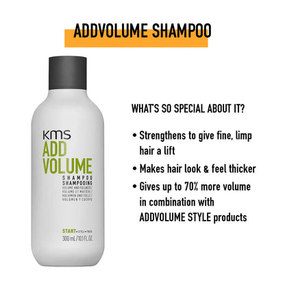 KMS Add Volume shampoo bottle with product features on a white background