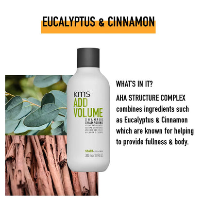 KMS Add Volume shampoo bottle with eucalyptus and cinnamon imagery on a white background