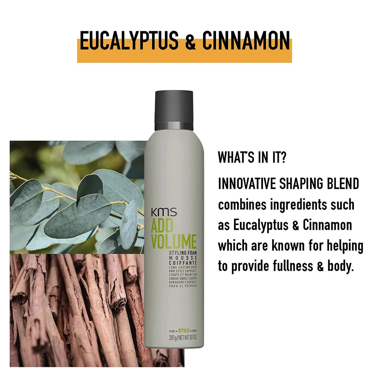 KMS Add Volume product with eucalyptus and cinnamon imagery on a white background