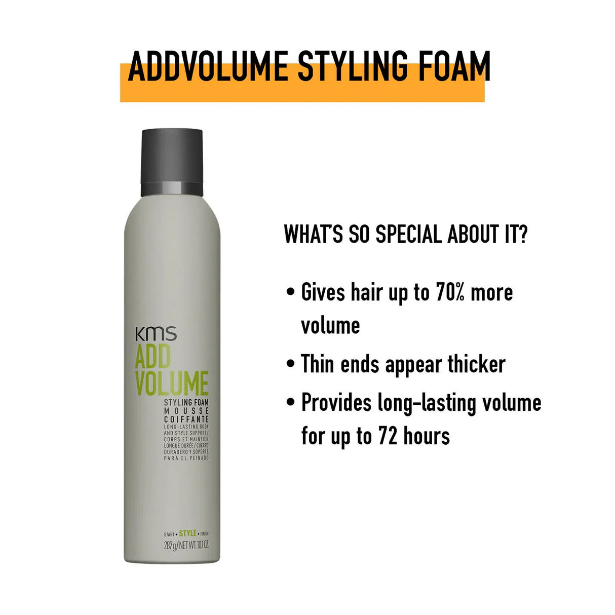 KMS Add Volume Styling Foam bottle with product features on a white background