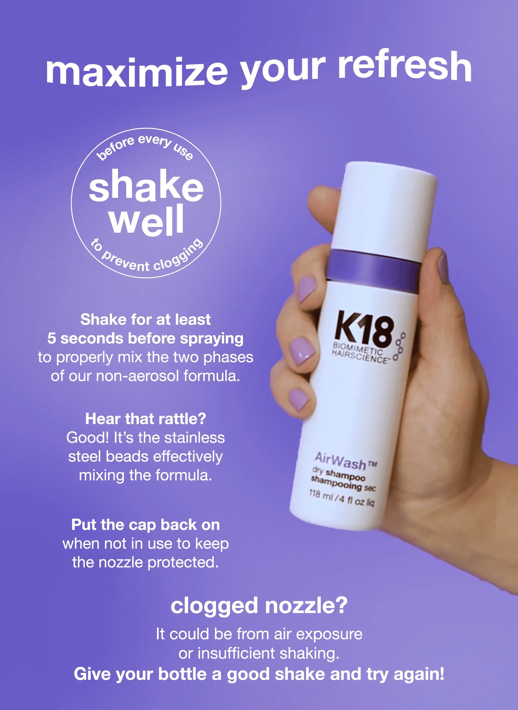 K18 AirWash product with text on a purple background