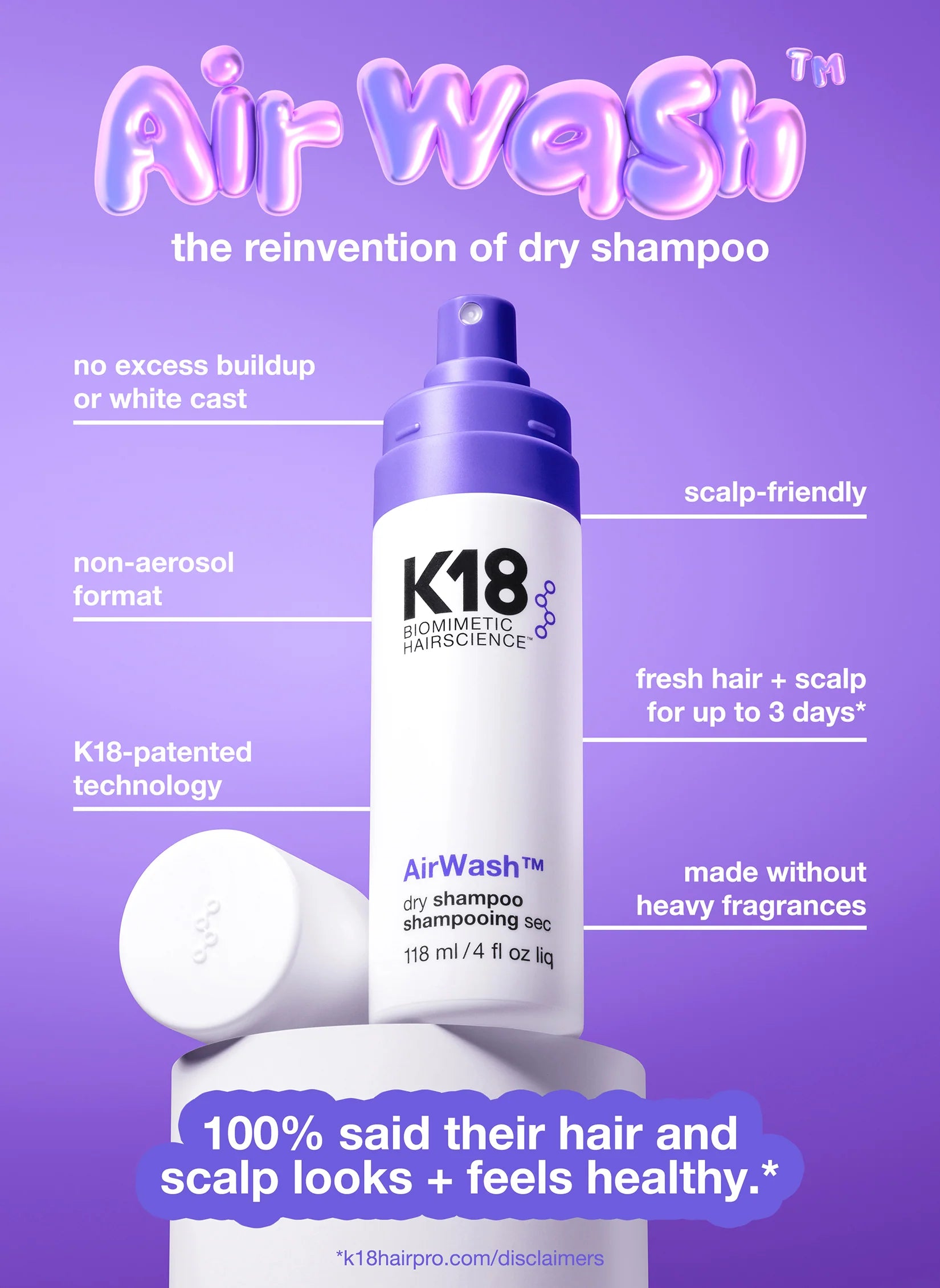 K18 Air Wash dry shampoo bottle on a purple background with text highlighting features.