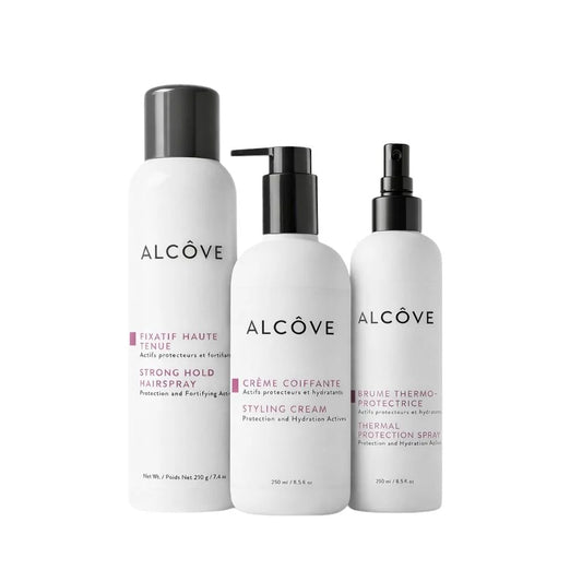 Three bottles of Alcçove hair care products on a white background