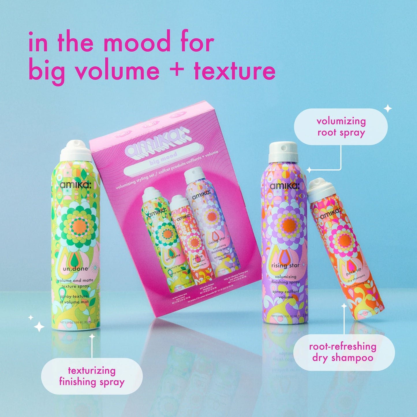 Amika hair care products with colorful packaging on a blue background