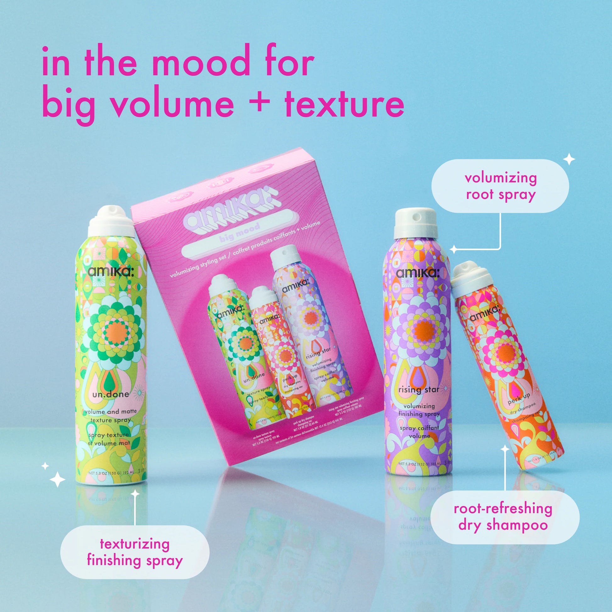 Amika hair care products with colorful packaging on a blue background