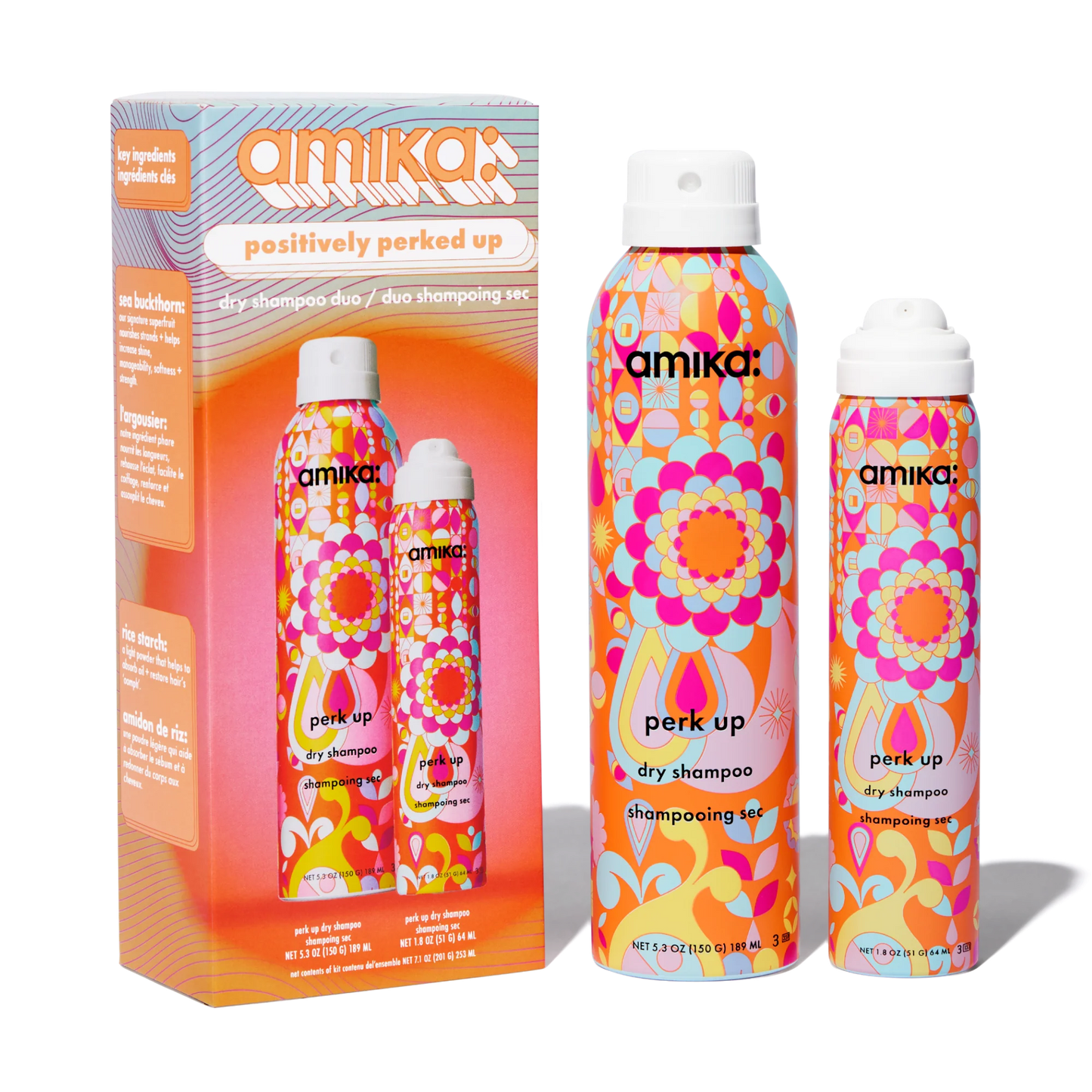 Amika dry shampoo set with colorful packaging on a white background