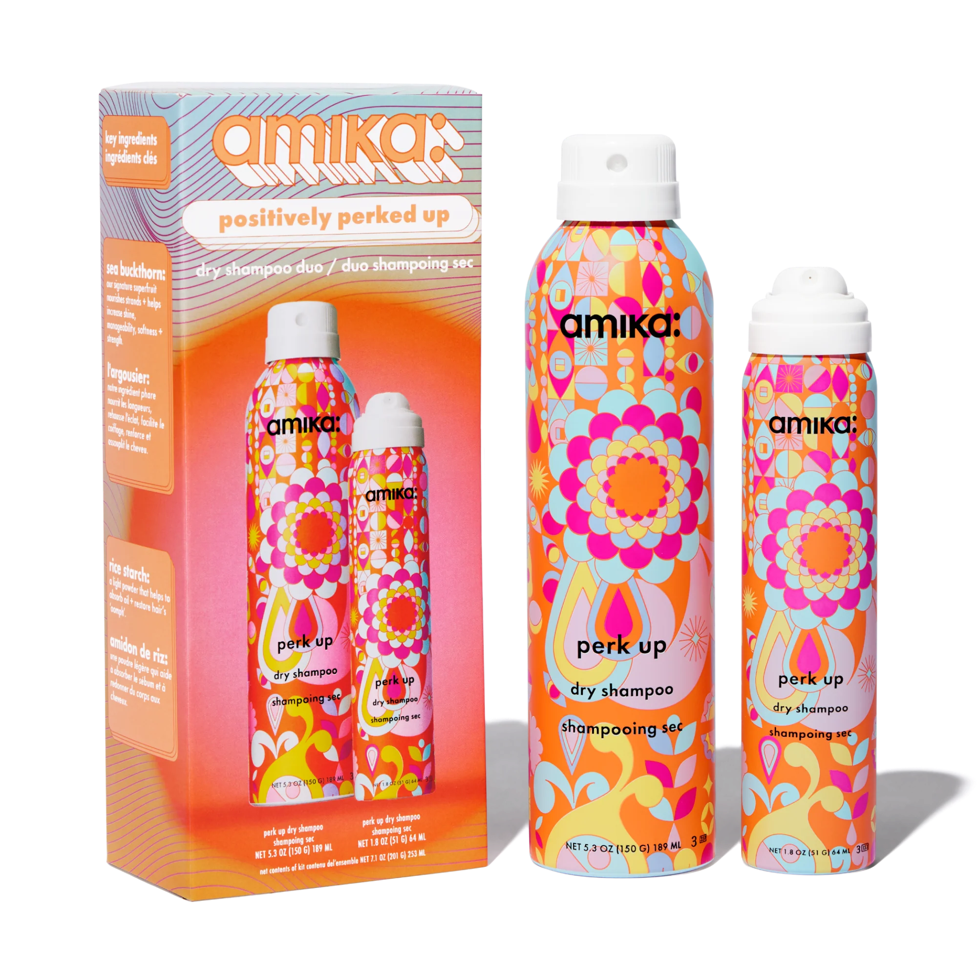 Amika dry shampoo set with colorful packaging on a white background