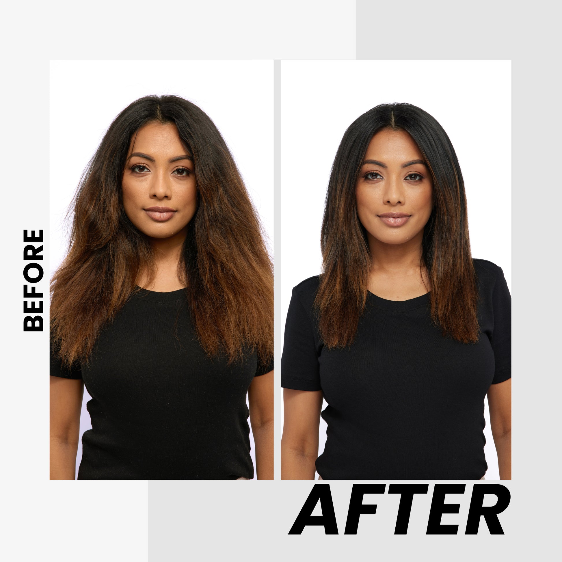 Before and after comparison of a woman with long hair styled differently.