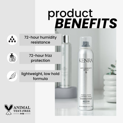 Kenra anti-humidity spray with product benefits listed on a white background
