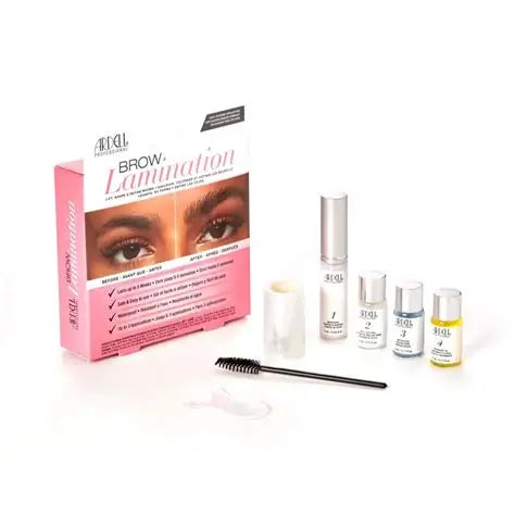 Eyebrow grooming kit with products and packaging on a white background