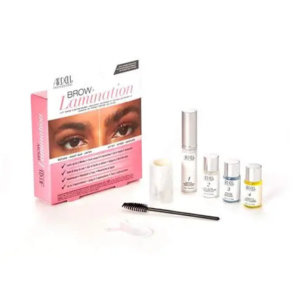 Eyebrow grooming kit with products and packaging on a white background