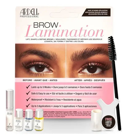 Ardell Brow Lamination kit packaging with before and after effects on eyes.