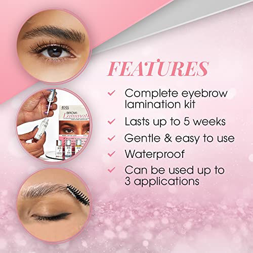 Complete eyebrow lamination kit with product packaging and application process on a pink background.
