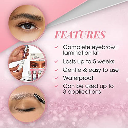 Complete eyebrow lamination kit with product packaging and application process on a pink background.