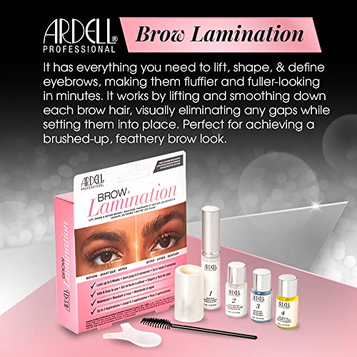 Ardell Brow Lamination kit with packaging, bottles, and tools on a pink surface.