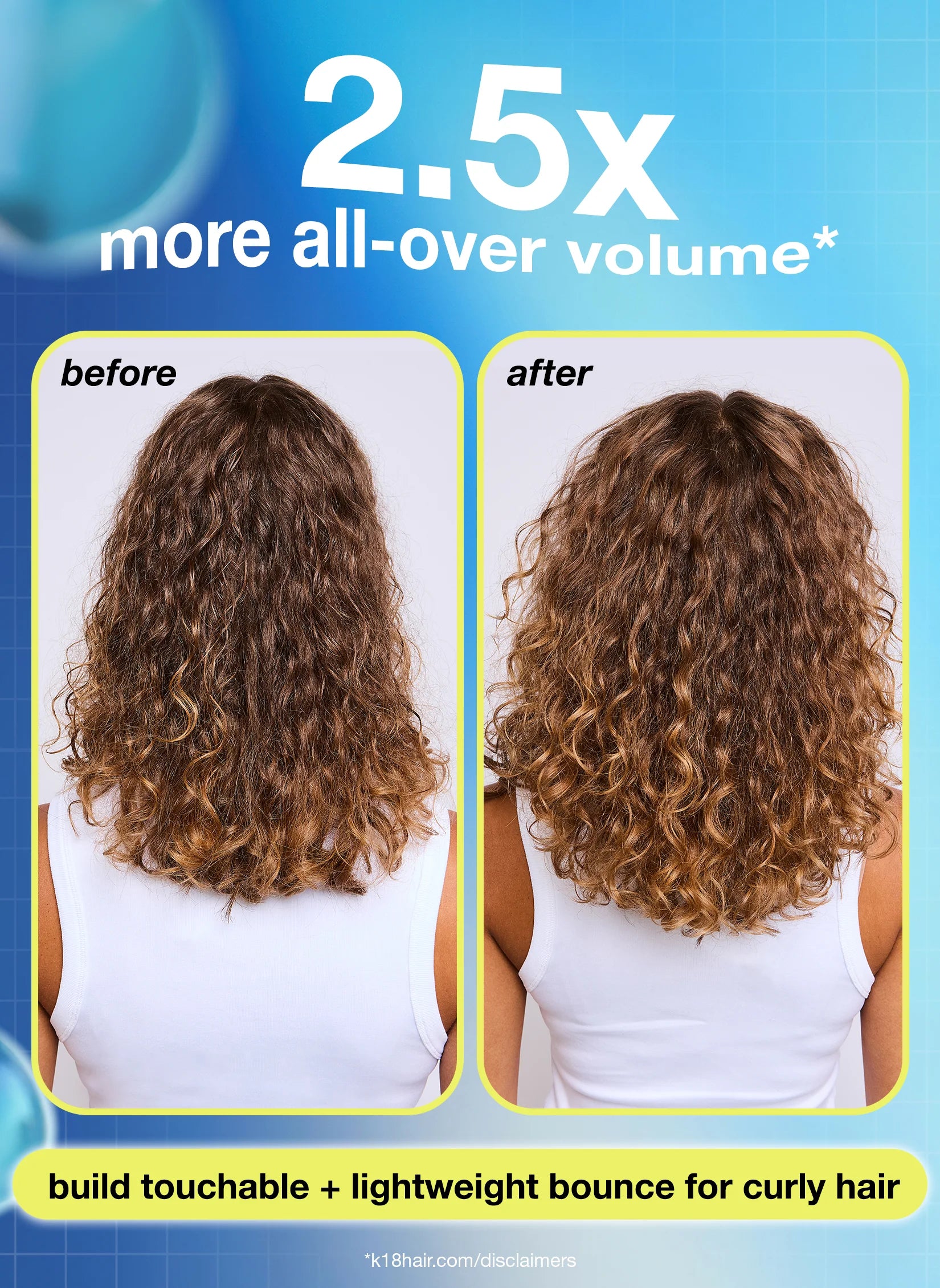 Before and after comparison of curly hair volume increase with text on a blue background