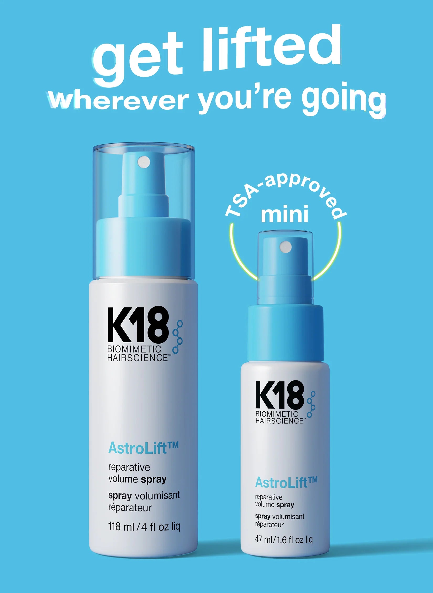 Two K18 hair care products on a blue background with promotional text.