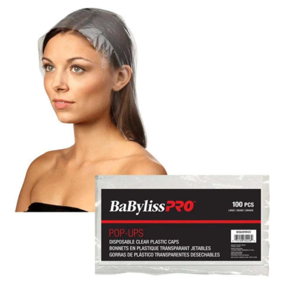Woman wearing disposable clear plastic caps with BaBylissPro packaging in the foreground
