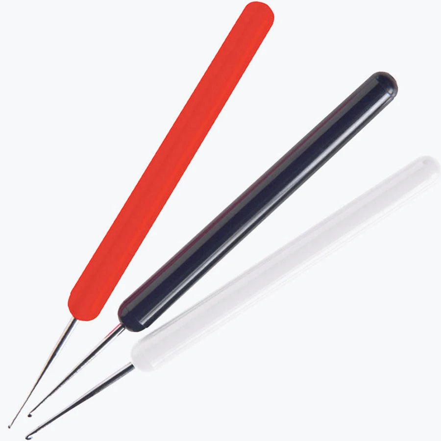 Three crochet hooks with red, black, and white handles on a white background