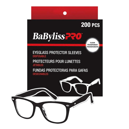 Packaging of BaBylissPRO eyeglass protector sleeves with a pair of glasses in front.
