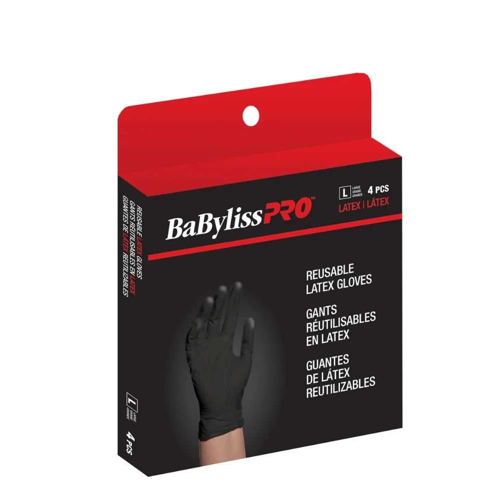 BaByliss PRO Reusable Latex Gloves packaging, size L, containing 4 pieces. The box is black and red with a graphic of a black glove on a white background.