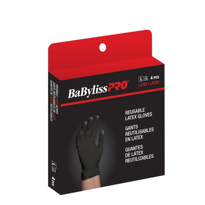 BaByliss PRO Reusable Latex Gloves packaging, size L, containing 4 pieces. The box is black and red with a graphic of a black glove on a white background.