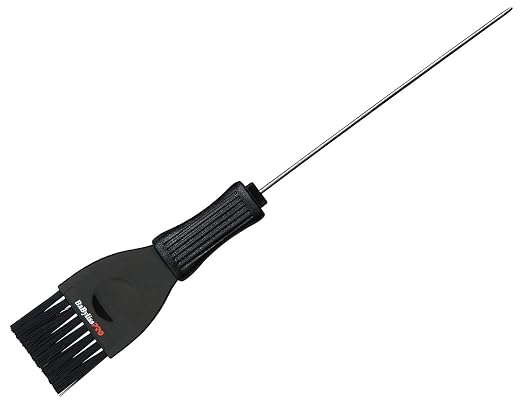 A black silicone basting brush with a long metal probe attachment, shown diagonally on a plain white background.