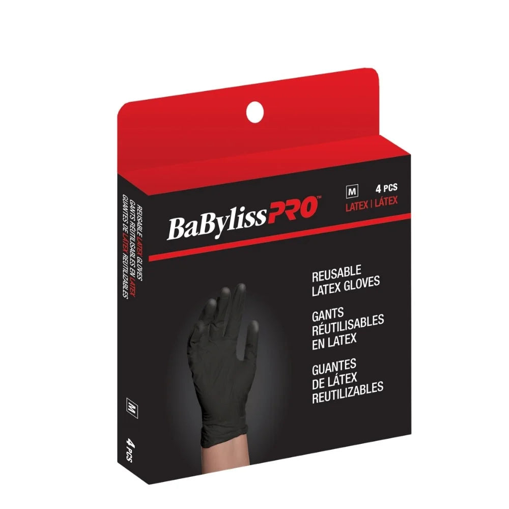 BaByliss PRO 4-pack of reusable black latex gloves in retail packaging, featuring a red and black box with a photo of a black glove on a white background.