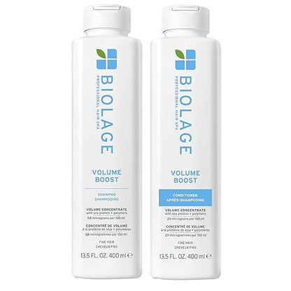 Two bottles of Biolage Volume Boost shampoo and conditioner on a white background
