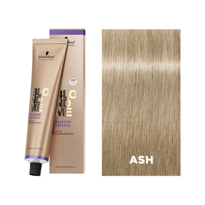 Schwarzkopf Blonde Me hair color with ash blonde swatch on a white background