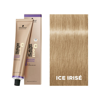Schwarzkopf Blonde Me hair color Ice Irise with packaging and a sample of blonde hair.