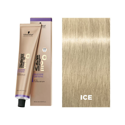 Schwarzkopf Blonde Me hair color ice with packaging and a sample of blonde hair.