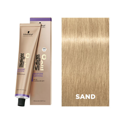 Schwarzkopf Blonde Me hair color with a sample of sand blonde hair on a white background