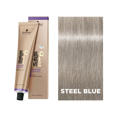 Schwarzkopf Blonde Me hair color with Steel Blue shade on a white background