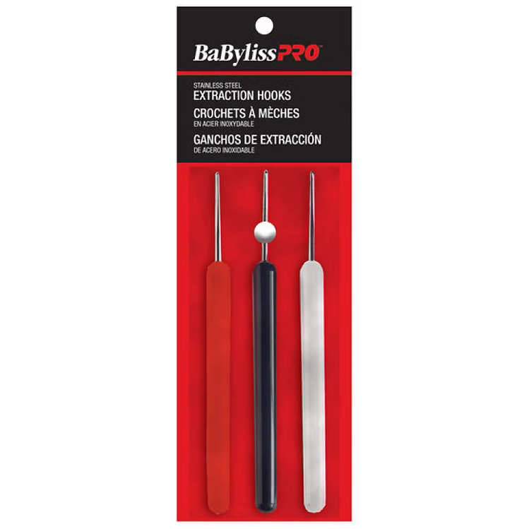 Babyliss PRO 3-piece extraction hook set in red packaging, featuring a black header card with white and red branding and a red backing card holding three metal hooks with red, black, and silver handles.