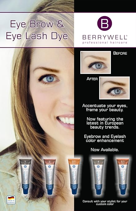 Advertisement for Berrywell eye brow and eye lash dye with a woman's face and product packaging.
