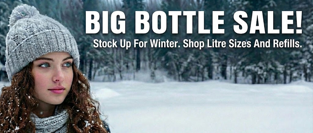 Woman in winter clothing with text about a big bottle sale in a snowy landscape