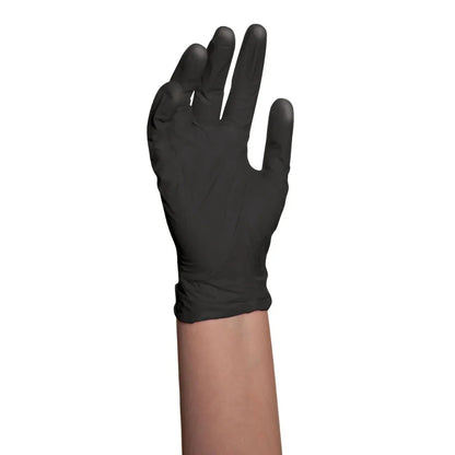 A single black disposable glove worn on a person's hand, shown against a plain white background.