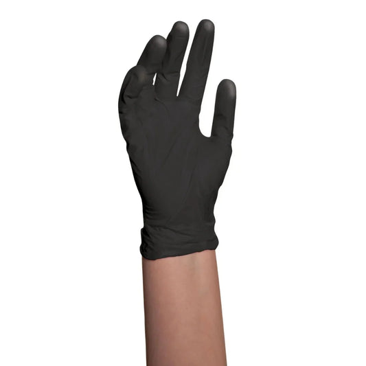 A single black disposable glove worn on a person's hand, shown against a plain white background.