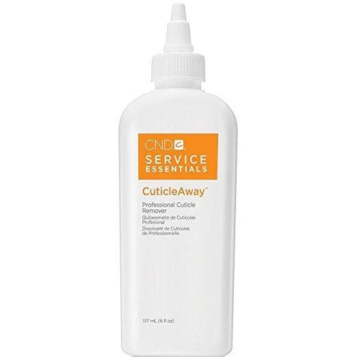 A white plastic bottle of CND Service Essentials CuticleAway professional cuticle remover with an orange label and white applicator nozzle, shown on a plain white background.