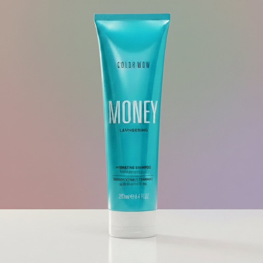 Blue shampoo bottle labeled 'Money' by Color Wow on a white background