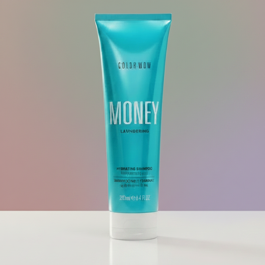 Blue shampoo bottle labeled 'Money' by Color Wow on a white background