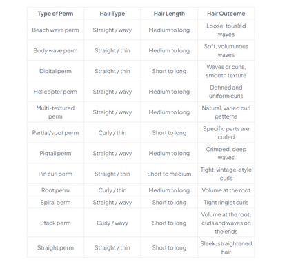 Table comparing different hair perms with their types, hair types, lengths, and outcomes.