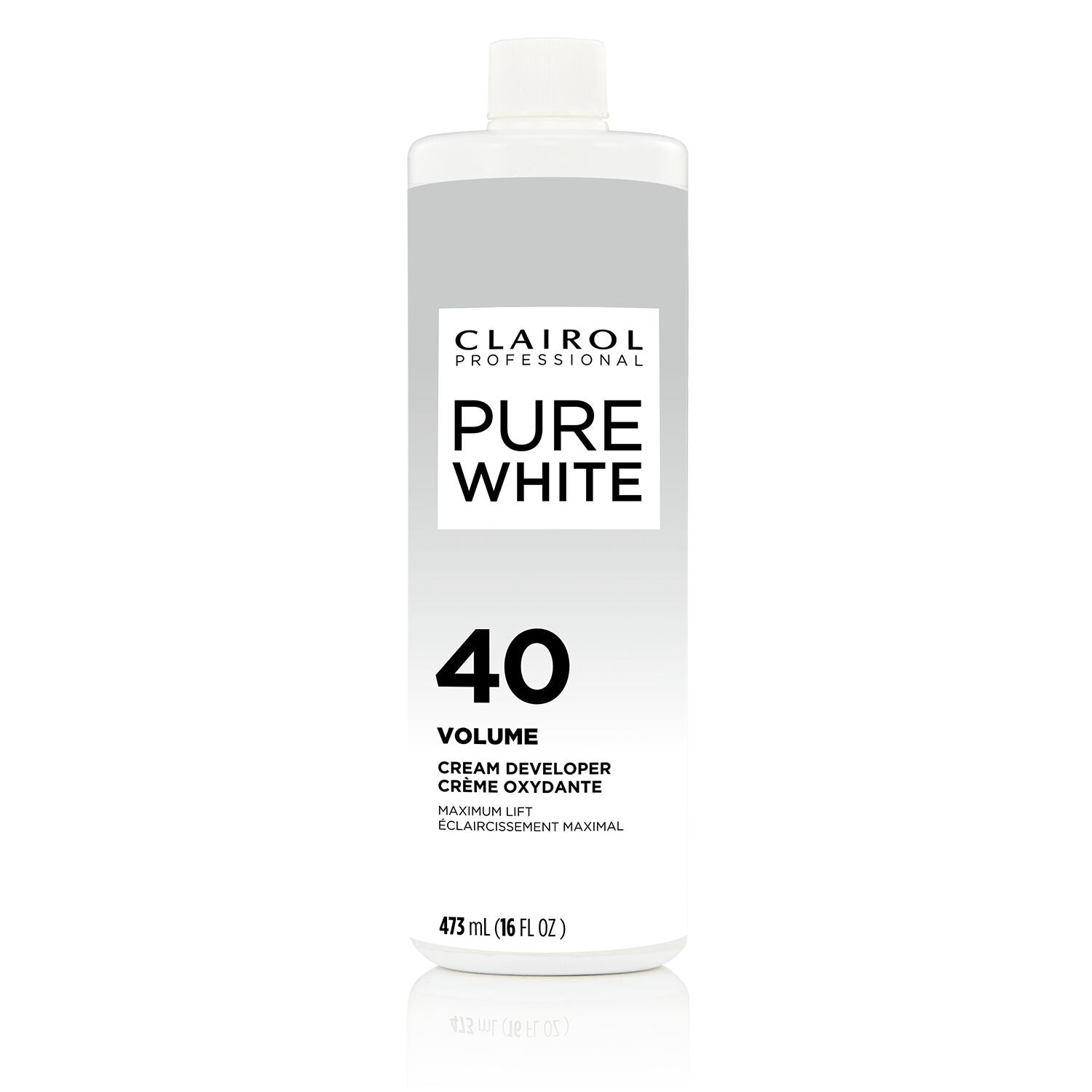 Clairol Pure White Volume 40 cream developer bottle on a white background