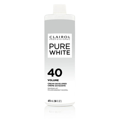 Clairol Pure White Volume 40 cream developer bottle on a white background