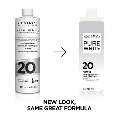 Two bottles of Clairol Pure White hair developer with a white background